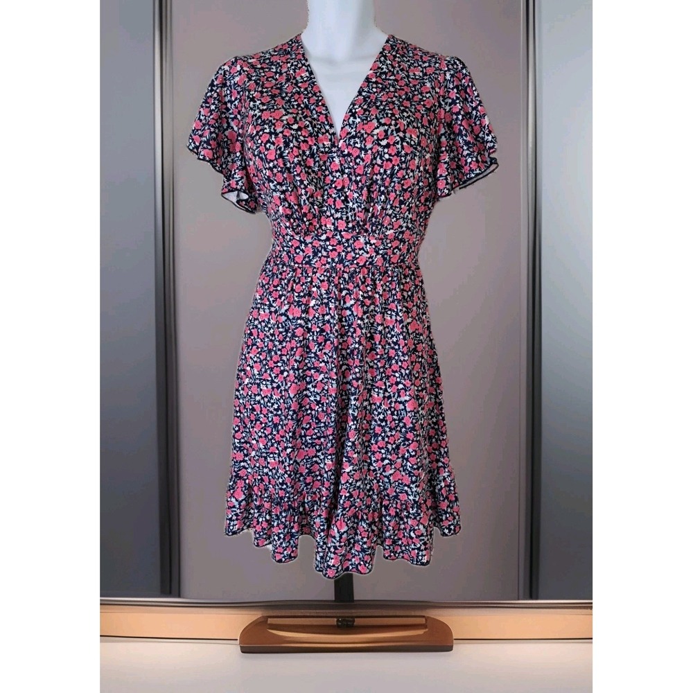 Pink & Blue Floral Dress XL Flutter Sleeves Deep V Surplice Ruffled Fit n Flare
